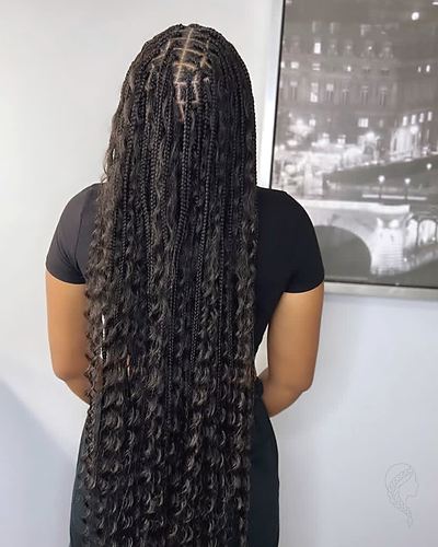 S-Medium boho knotless braids in Burmese curly human hair