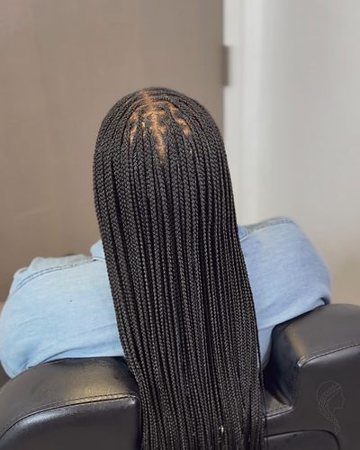 Small size knotless braids, neat parting, draped over the chair