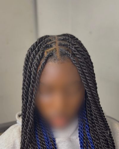 Knotless twists with blue accent strands, shoulder length