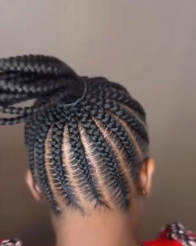 Back view of a stitch feed-in ponytail with even parting